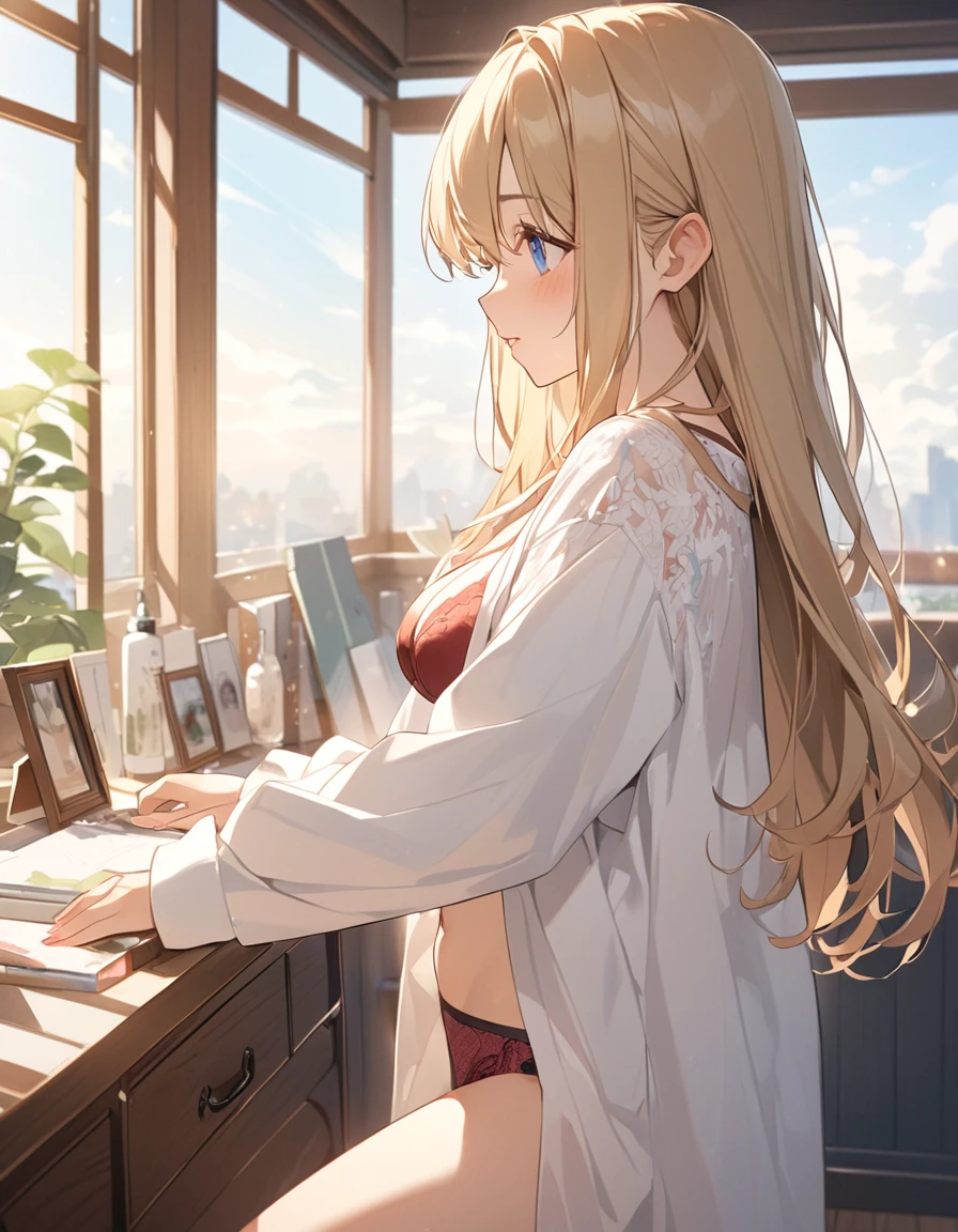 (Highest qualityのイラスト:1.2), (cute女の子:1.1), (1 girl、17 years old、Highest qualityのイラスト:1.2), (slightly bigger eyes、Kind eyes、blue eyes)、Blonde、Semi-long hair、Mature、(Highest quality、Very detailed、cute、Ultra-high resolution) 、Morning bedroom、Change of clothes、Take off your pajamas、bra、from side