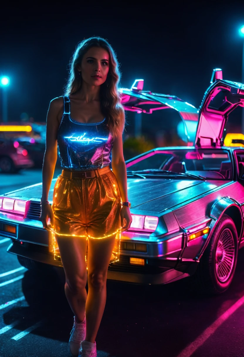 8K,RAW Photos,Highest quality,masterpiece,reality,Very detailed,bfdlrn,back to the future part2,timemachine,delorian,very fine details,Shiny body,Neon and lightning background,Very fine LED particles,A body covered in light particles,Concentrated line,radiation,dazzling,Beautiful woman standing in front of a Delorean,Tank top,Long Hair,Looking at your watch,slim,