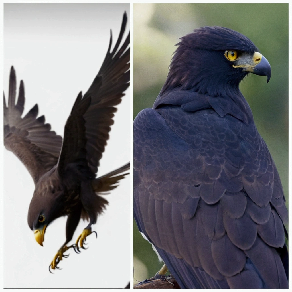 Place the head of the bird that has yellow eyes and the beak of a bird of prey on the bird that is flying with its wings open. , the bird that is in full body should be with the head of the image that is on the right ,bird of prey beak and round yellow eyes. Both images must be realistic and sharp