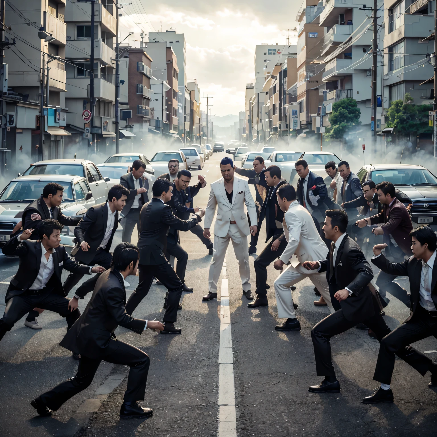 2 groups of yakuza fighting, realistic, cinematic, very detailed, very epic, very detailed, 4k