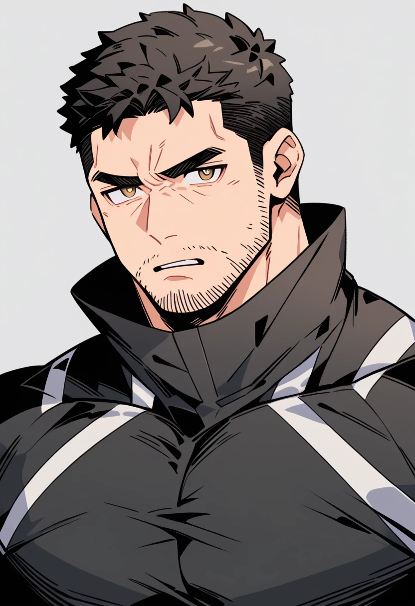 anime characters:Chris Redfield, Muscle Sports Student, Buzz Cut, Manliness, male focus, Dark black Yellow high collar long sleeve tight T-shirt, Very tight, full and perky chest muscles, muscular male, muscular, only, Upper body, alone, Black short hair, Thick eyebrows, stubble, Brown-red pupils, Grey background, simple background, amazing quality, best aesthetics, Ridiculous, parted lips, v-shaped eyebrows, scowl, disdain, best quality