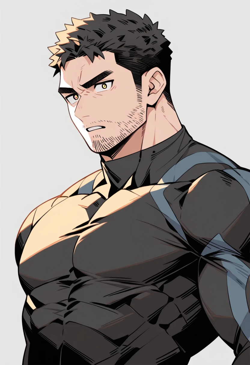 anime characters：Chris Redfield, Muscle Sports Student, Buzz Cut, Manliness, male focus, Dark black Yellow high collar long sleeve tight T-shirt, Very tight, full and perky chest muscles, muscular male, muscular, only, Upper body, alone, Black short hair, Thick eyebrows, stubble, Brown-red pupils, Grey background, simple background, amazing quality, best aesthetics, Ridiculous, parted lips, v-shaped eyebrows, scowl, disdain, best quality