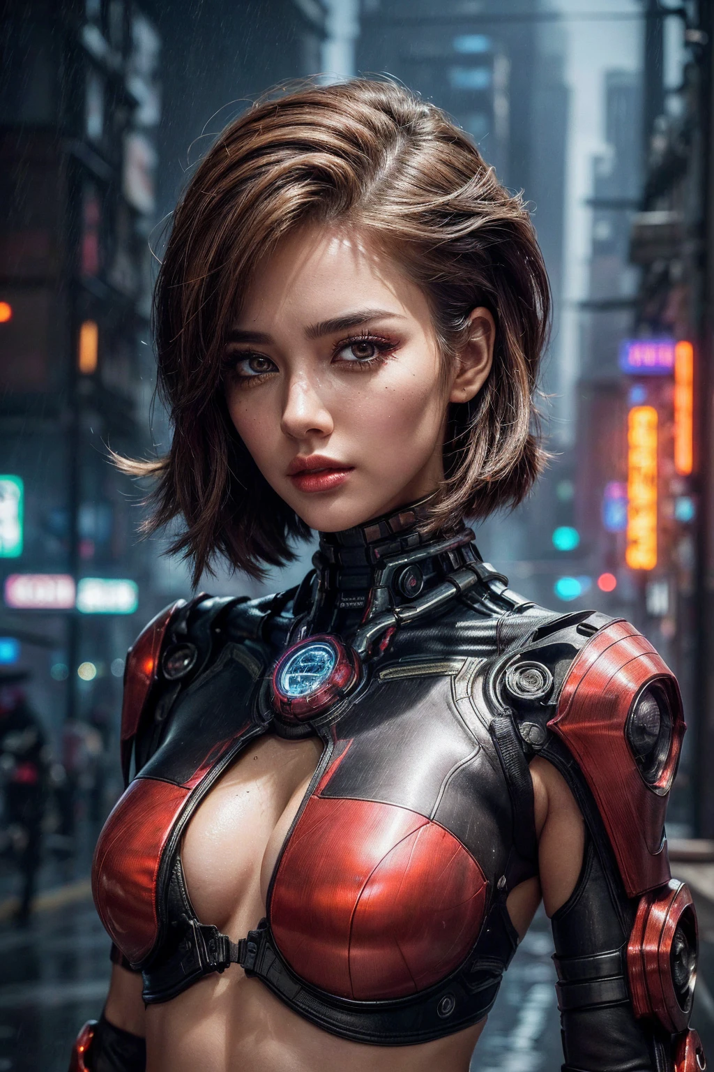 (photorealistic Realism 16K Quality, ultra-fine digital art), (Hyper-realistic proportional body, anatomically correct:1.3), (((beautiful cyberpunk woman))), ((upper body to navel shot:1.32)), Portrait, ((Short, bright red, messy hair)), Black Eyeshadow, ((futuristic cyberpunk street style:1.4)), (Urban Background:1.25), Heavy makeup, Digital Art, Trending on Art Station, highly detailed, The finer details, Complex, beautiful detailed glow, (super detailed beautiful, slim and sharp-face), (light pale complexion). BREAK, (Super beautiful, (Insanely details brown_eyes1.25), ((Hyperrealistic sharp real human eyes)), (tired and sleepy and satisfied:0.0), perfect round eyes, (finely detailed pupils:1.3), detailed, (neon lighting), High resolution, detailed facial features,Sharp focus, Smooth, beautiful, (dark_shot:1.1), This work is in the style of (science fiction futurism) with a (cold palette) that adds depth and richness to the scene, creating a sense of ((anger)) and ((suffering)). (The landscape) is harmoniously balanced, inviting the viewer to immerse themselves in the atmosphere of the cyberpunk city, feel the breeze and listen to the gentle ((falling rain)).