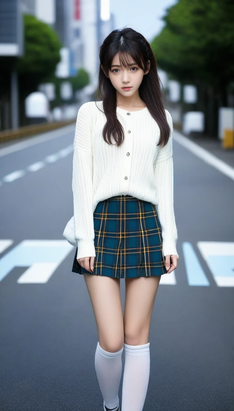 8K, Ultra-high resolution, Highest quality, masterpiece, 三分割法によるphotograph,Surreal, photograph, 1 Girl, (16 years old:1.3), pretty girl, Cute face, Beautiful eyes in every detail, 細かくdetailedに,masterpiece,One Girl:1.2, Japan Female Announcer,whole body,from below,Fearful expression,Black Hair,Messy hair,Cyber city of the near future,Wearing a cardigan sweater on your back、A girl alone in the middle of the road, Tartan check pencil skirt, White knee-high socks and black shoes,Beautiful leg line beauty,Realistic Skin, Perfect and beautiful face ,完璧でCute face, Skin with attention to detail, Perfect limbs、Narrow waist、Thin legs),Looking at the audience、beauty,Long neck、(((Ideal body type))),A cup small breasts :2,Portraiture:2,Perfect Anatomy,鮮明なdetailed,detailed,Surreal,Light and shadow,darkness