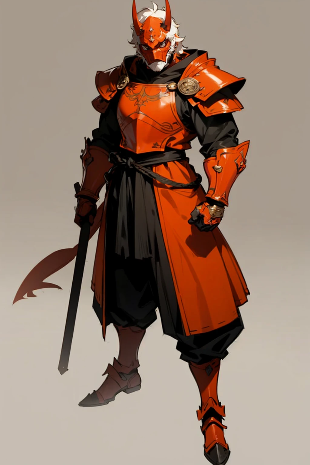 A adult tall robust anime man, orange armored medieval clothes, wearing a red oni mask, full body, standing, blank scenery