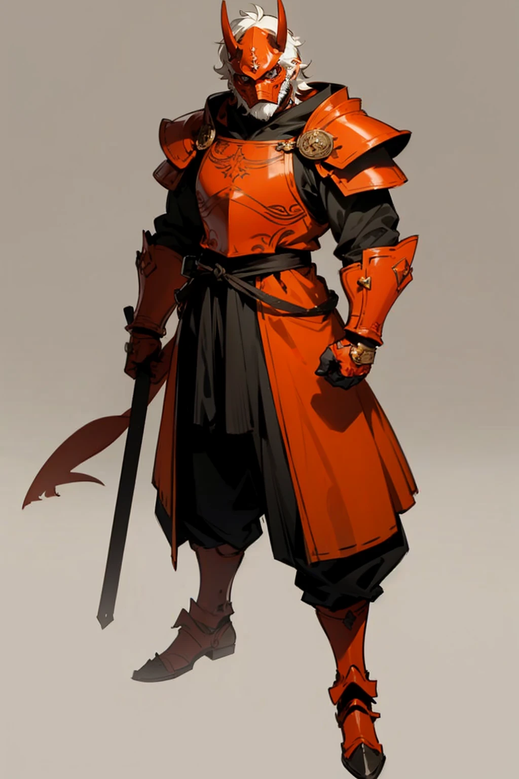 A adult tall robust anime man, orange armored medieval clothes, wearing a red oni mask, full body, standing, blank scenery