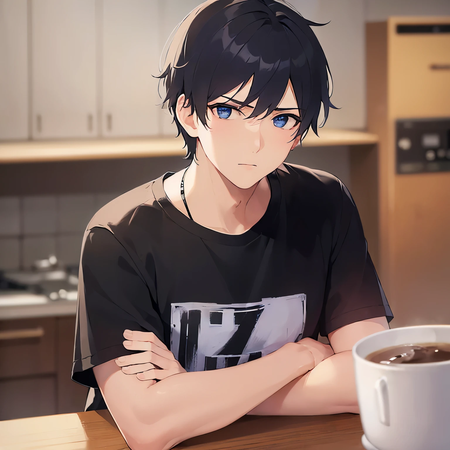 (25-year-old male:1.5) and (Black short hair) and (blue eyes)
(black) and (T-Shirts)、(looking at viewer:1.3),upper body、
shiny skin, masterpiece、Highest quality、
The background is the kitchen at night、frown、(alone:1.2)、Arms crossed