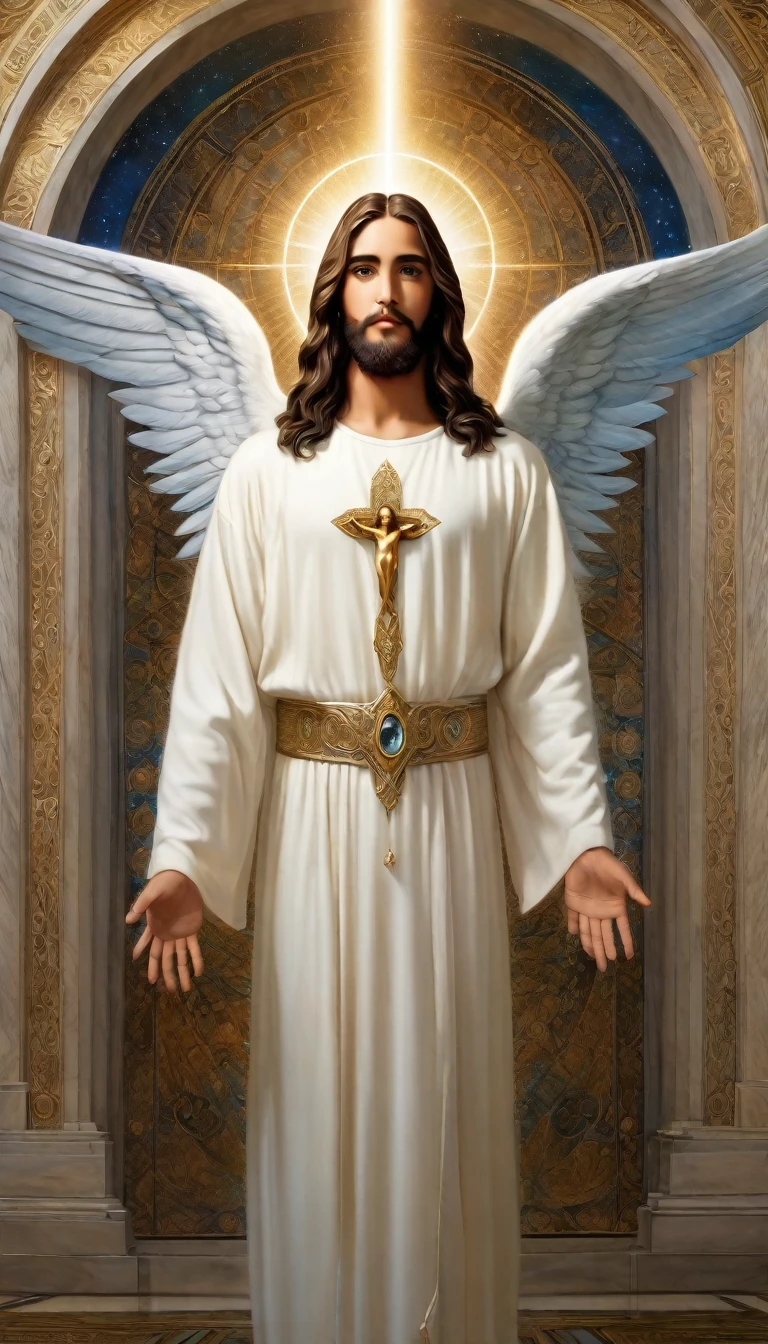 An 8K high-definition portrait of an 18-year-old man(( Jesus Christ full body)) ((An angel man)), (( o Filho de GOD)), GOD, luthien, art of god, GOD da mitologia grega, GOD da Lua, GOD do amor e da paz, beautiful god, Mitologia do GOD da Terra, the god Eros, a stunning portrait of a God, Frank Kelly Freas, Style Karol Bak, ((beautiful face)), Ultra Definition, best qualityer, 32k ultra