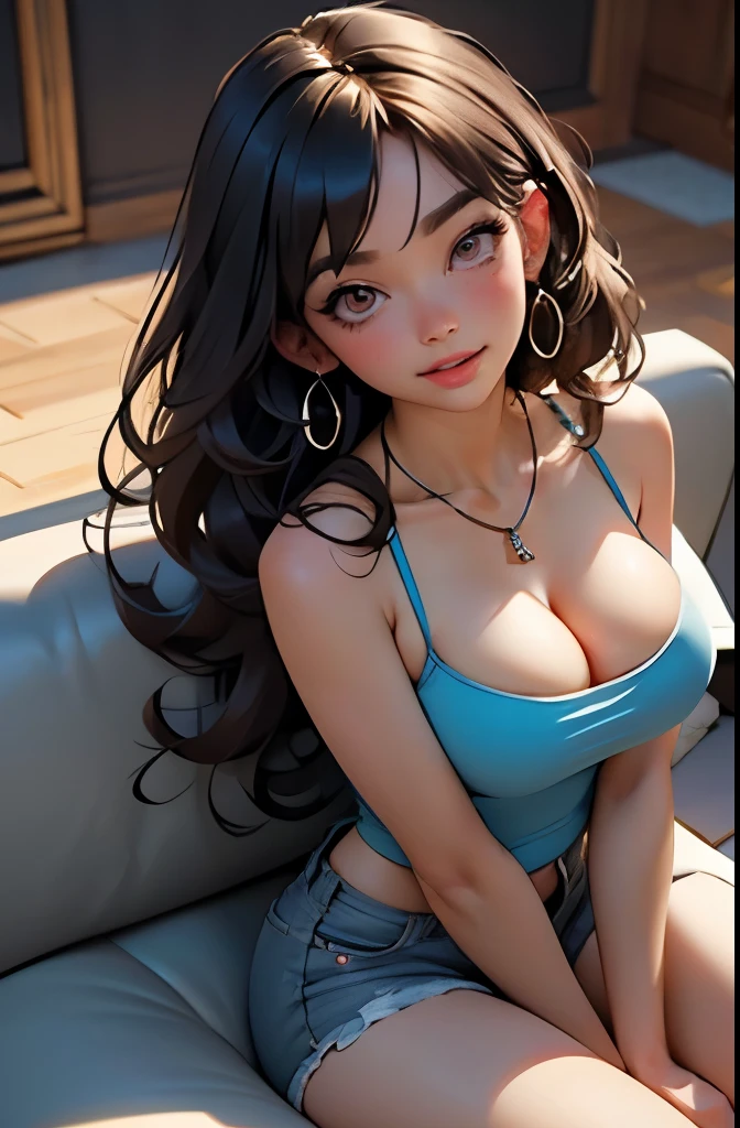 a view from above, full body shot, thick curly hair, lustful eyes, open mouth smile, aroused 25 years old, playfully aroused, dripping with desire, busty cleavage, low cut spaghetti strap tank top , shorts, slim waist, laying down comfortably, coy smile with open parted lips, (blushing:1.3), looking lovingly at the viewer, seductive eyes, facing the viewer, livingroom background, posing by the sofa, (pov), glowing eyes, necklace, earrings, nsfw,