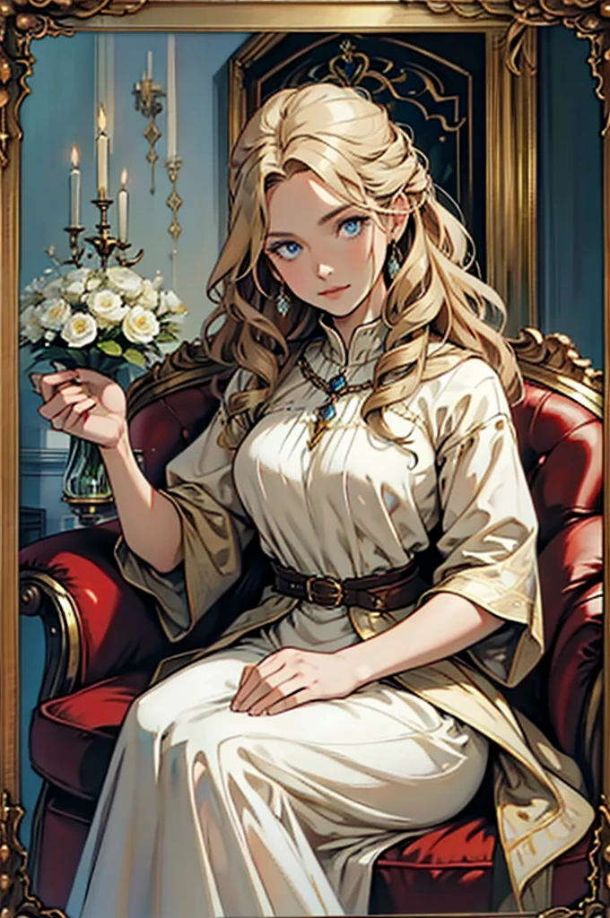 30 year old woman, with defined facial features, long curly hair, pale gold color,blue eyes, wearing a dark red medieval nobility dress,sitting on a brown leather sofa, holding a bird with one hand,oil painting, framed picture, Wooden frame, above a fireplace, vases with white flowers