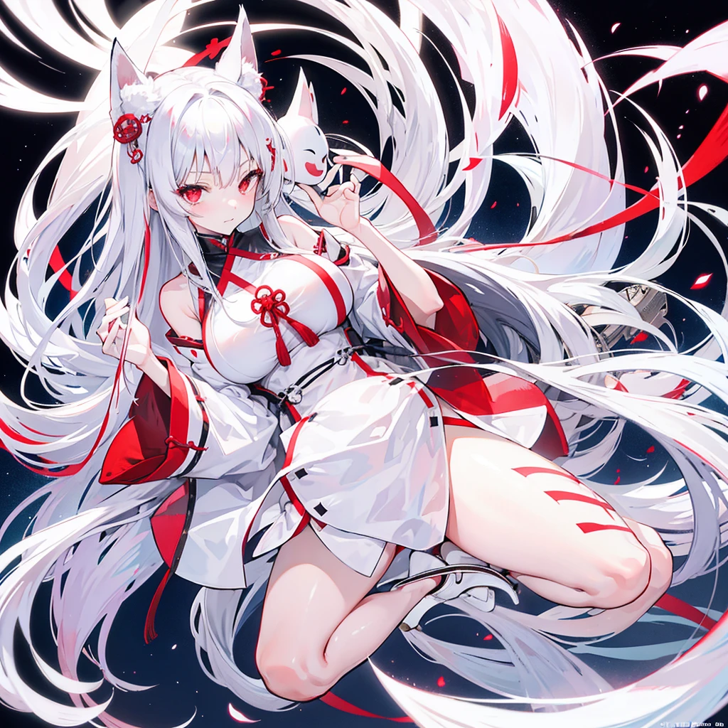 Silver hair, long hair, red eyes, cute face, white Japanese authentic clothes  , G_CUP(HUGE_BREASTS) , White fox ears, nine white fox tails, There is a white fox mask on the top right of the head,   full body figure 