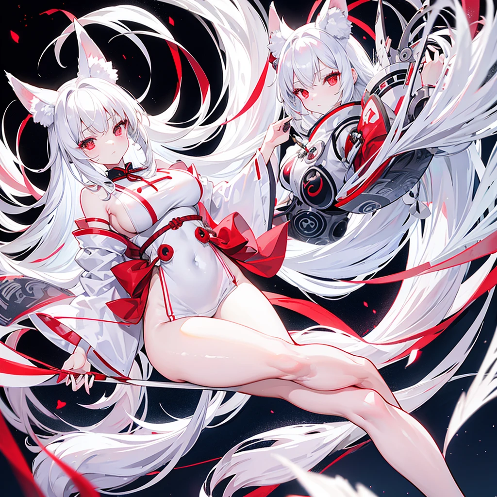 Silver hair, long hair, red eyes, cute face, white Japanese authentic clothes , G_CUP(HUGE_BREASTS) , White fox ears, nine white fox tails, There is a white fox mask on the top right of the head, full body figure