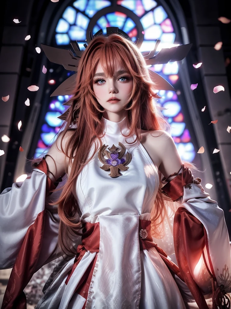 Big hair but with bangs that cover the forehead, white, with red wedding dress and a bouquet, beautiful makeup, and with some butterfly tattoos on his body Unique place in the church