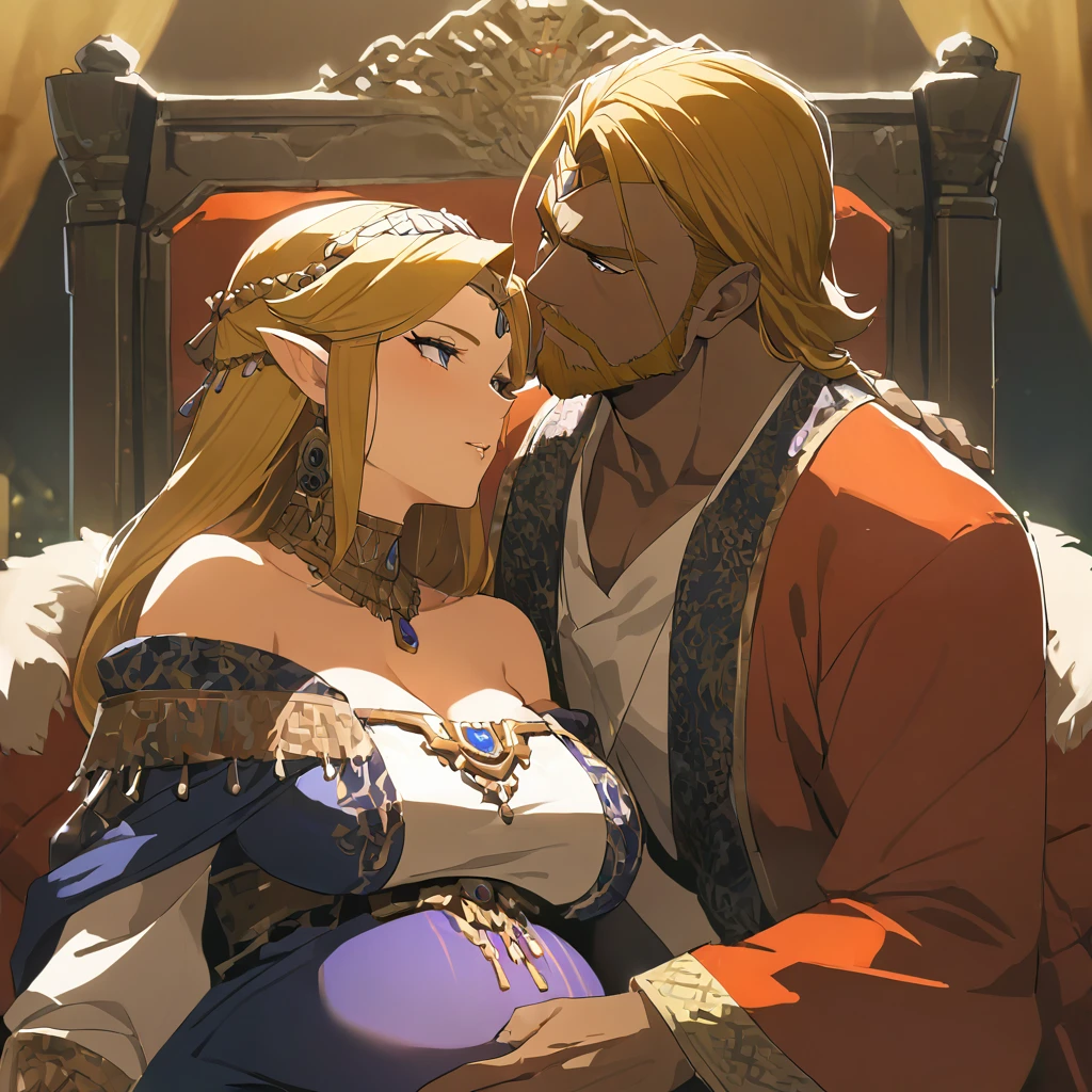 ((Highest quality)), ((masterpiece)), (detailed), （Perfect Face）、The woman is Queen Zelda of the Gerudo tribe, she has blonde hair, blue eyes, wears the gorgeous dress of the Gerudo queen, and loves the man dearly.、The man is a dignified, middle-aged man of the Gerudo tribe, bearded, muscular, red-haired, dark-skinned King Ganondorf, king of the Gerudo tribe, dressed in the luxurious clothing of the Gerudo king, and loving women.、A man and woman are kissing close together on the luxurious throne of the Gerudo royal family.、A queen and a king in love、the woman is pregnant
