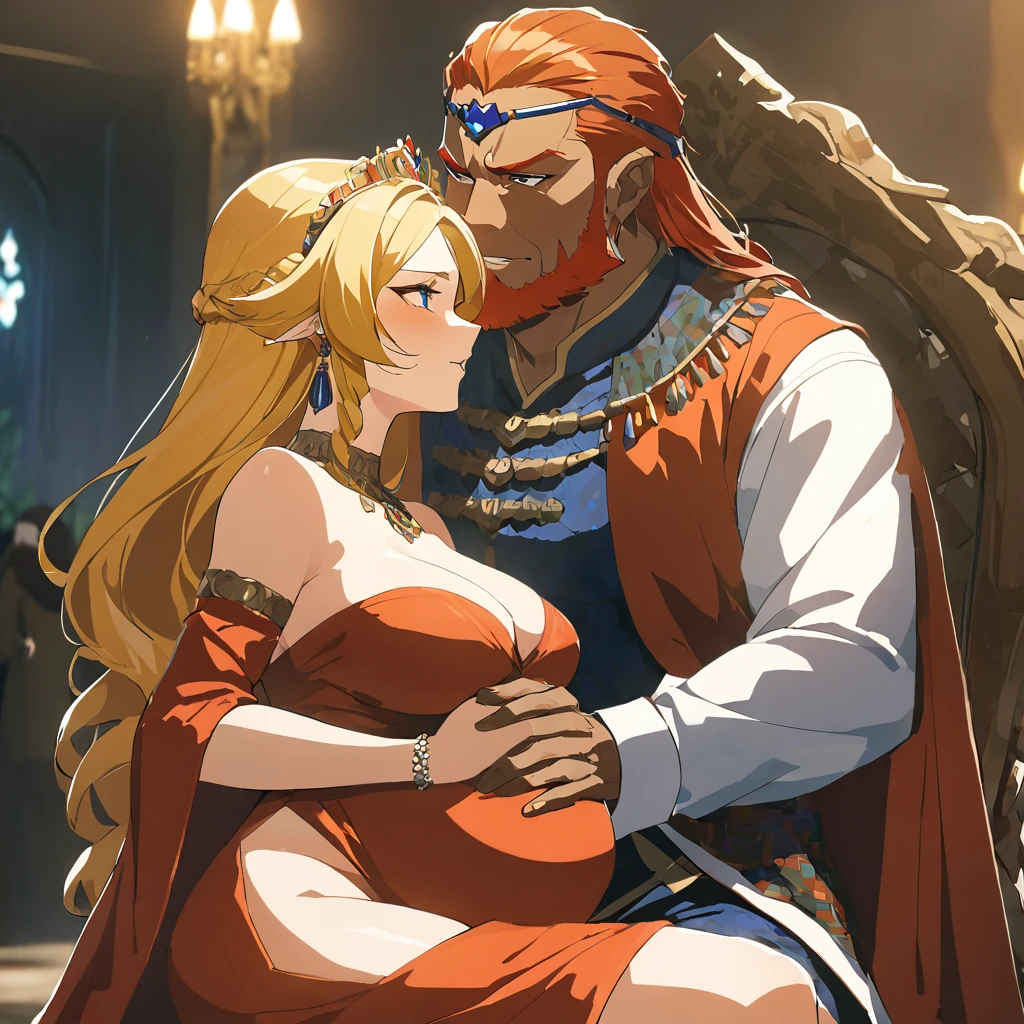 ((Highest quality)), ((masterpiece)), (detailed), （Perfect Face）、The woman is Queen Zelda of the Gerudo tribe, she has blonde hair, blue eyes, wears the gorgeous dress of the Gerudo queen, and loves the man dearly.、The man is a dignified, middle-aged man of the Gerudo tribe, bearded, muscular, red-haired, dark-skinned King Ganondorf, king of the Gerudo tribe, dressed in the luxurious clothing of the Gerudo king, and loving women.、A man and woman are kissing close together on the luxurious throne of the Gerudo royal family.、A queen and a king in love、the woman is pregnant