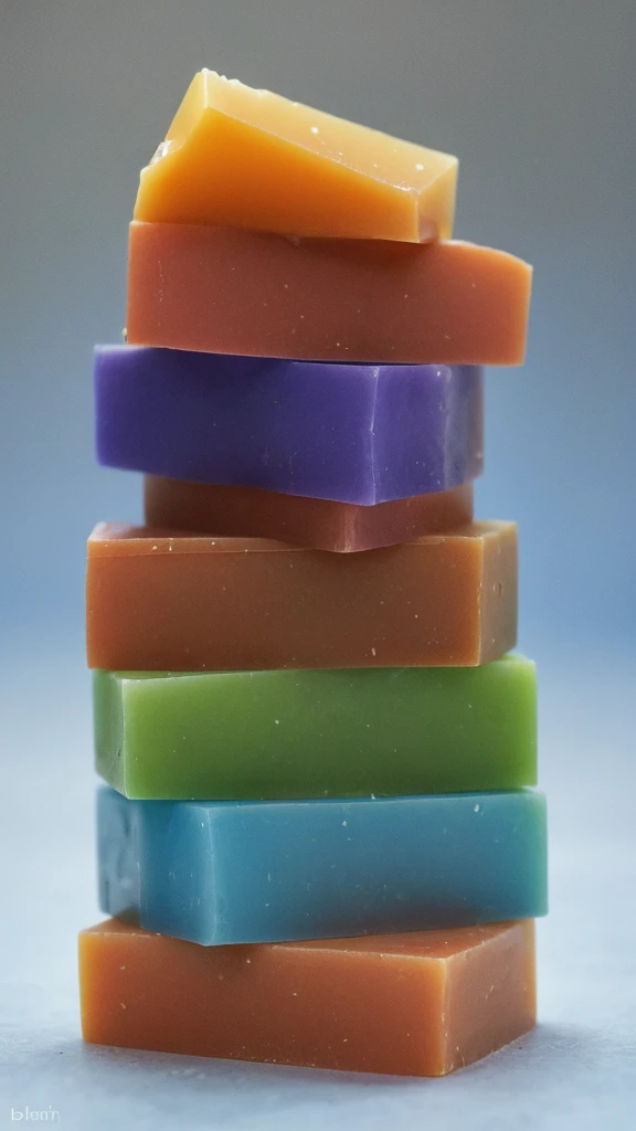 three soap bars are stacked on top of each other on a blue background, soap, carved soap, by Dietmar Damerau, made of wax and water, by Joan Tuset, by Jason Benjamin, soap carving, bright:, high quality product image”, bright ”, ginger, pristine and clean, pale, crisp and sharp, crisp and clear, by Jan Rustem