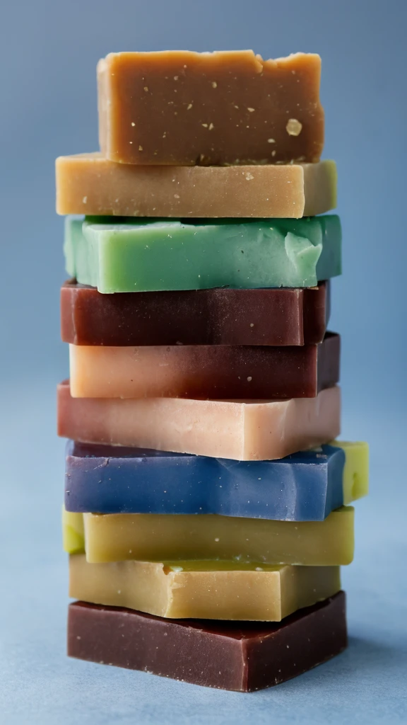 three soap bars are stacked on top of each other on a blue background, soap, carved soap, by Dietmar Damerau, made of wax and water, by Joan Tuset, by Jason Benjamin, soap carving, bright:, high quality product image”, bright ”, ginger, pristine and clean, pale, crisp and sharp, crisp and clear, by Jan Rustem