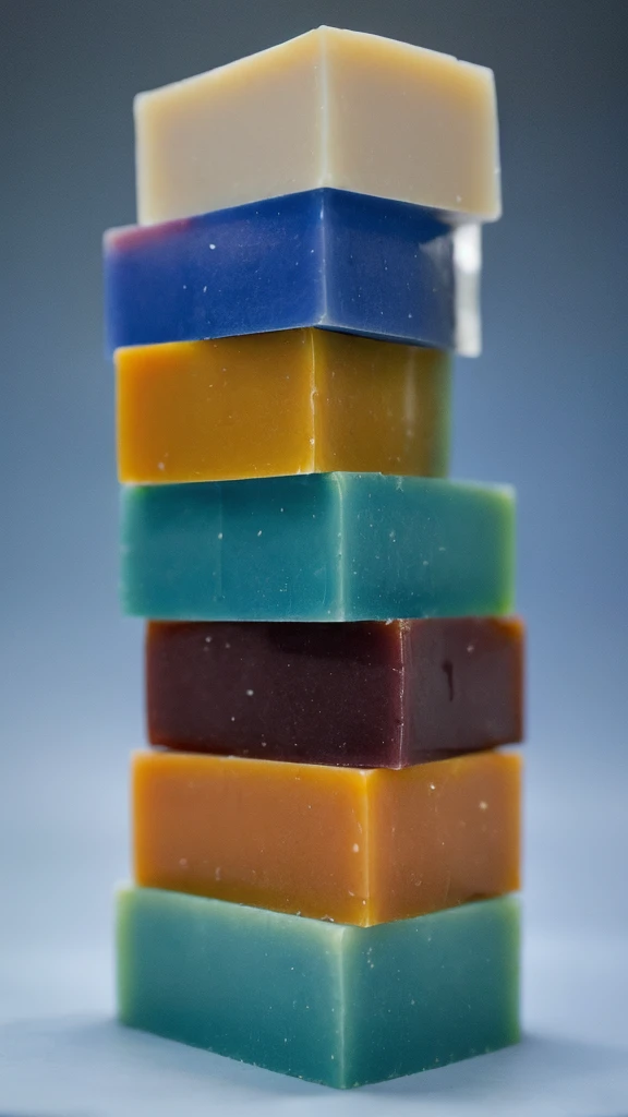 three soap bars are stacked on top of each other on a blue background, soap, carved soap, by Dietmar Damerau, made of wax and water, by Joan Tuset, by Jason Benjamin, soap carving, bright:, high quality product image”, bright ”, ginger, pristine and clean, pale, crisp and sharp, crisp and clear, by Jan Rustem