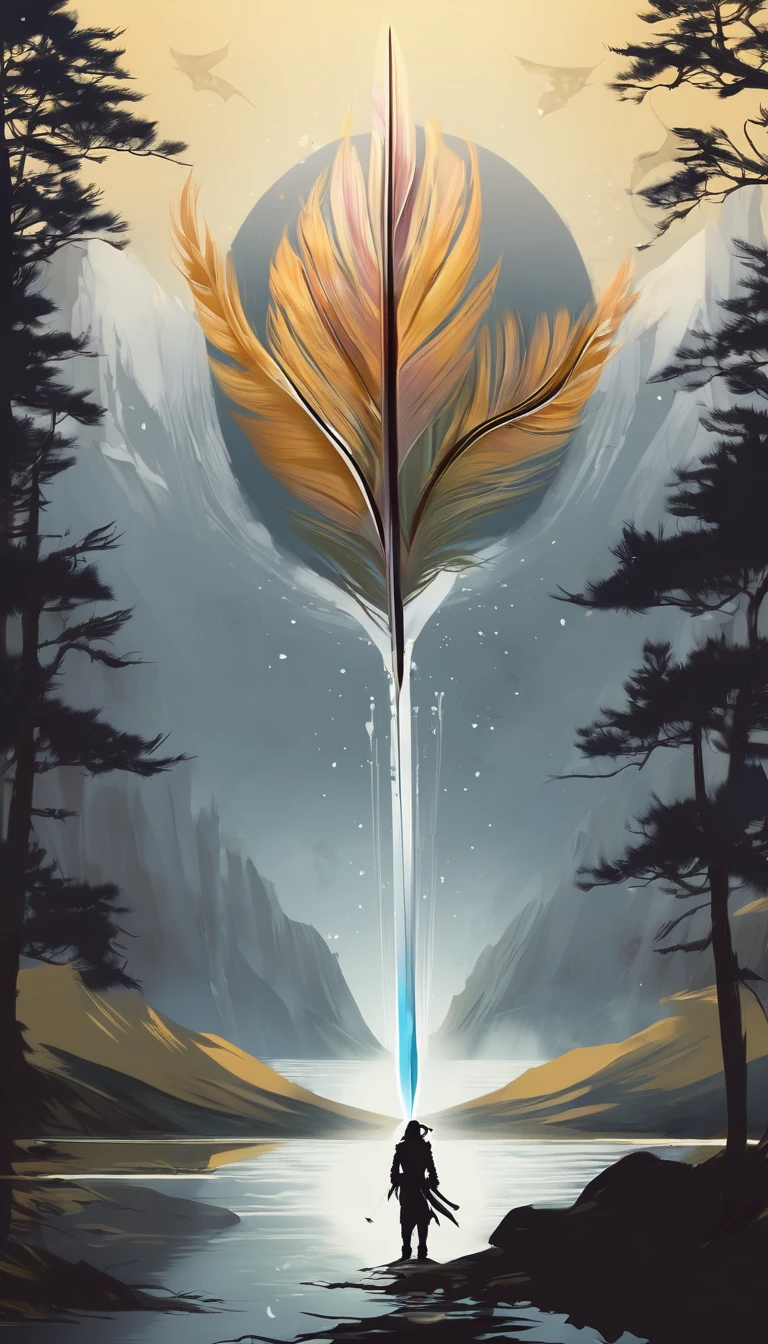 epic fantasy illustration, minimalistic logo design, best quality, masterpiece, painting, feather of memories