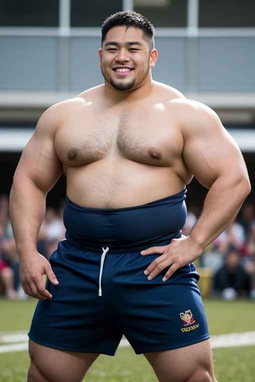 ((highest quality)), ((masterpiece)), (detailed), ((Perfect Face)), 4k, Shaved head, Young Japanese, Muscular, Fat body, Very big man, smile, ((showing off crotch)) A large Japanese man shirtless、whole body、Rugby player、Thick legs、Thick arm muscles、Intimidating、whole body、wearing a very tight and very short black-shorts, (shirtless)、((At the rugby field)), haka dance