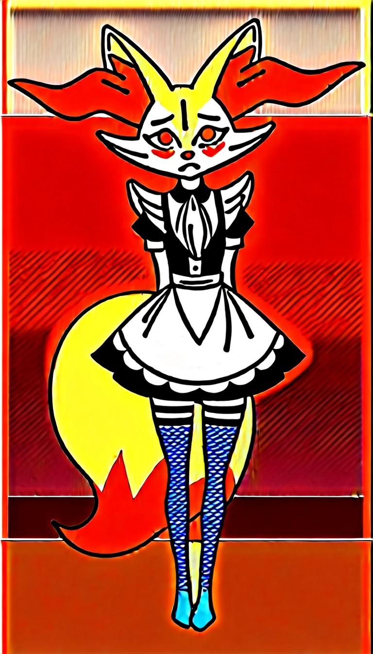 1girl, anthro, furry, fur, fluffy fur, braixen girl, Red eyes, full body, (19 years), medium breast, thicc thighs, solo, (mansion), sunset, detailed, maid outfit, fishnet stockings, shy, nervous, sunset, (sad), (depressed), (baggy eyes), standing, half-closed eyes, frontal view, score_9, score_8_up, score_7_up, score_6_up, score_5_up, score_4_up