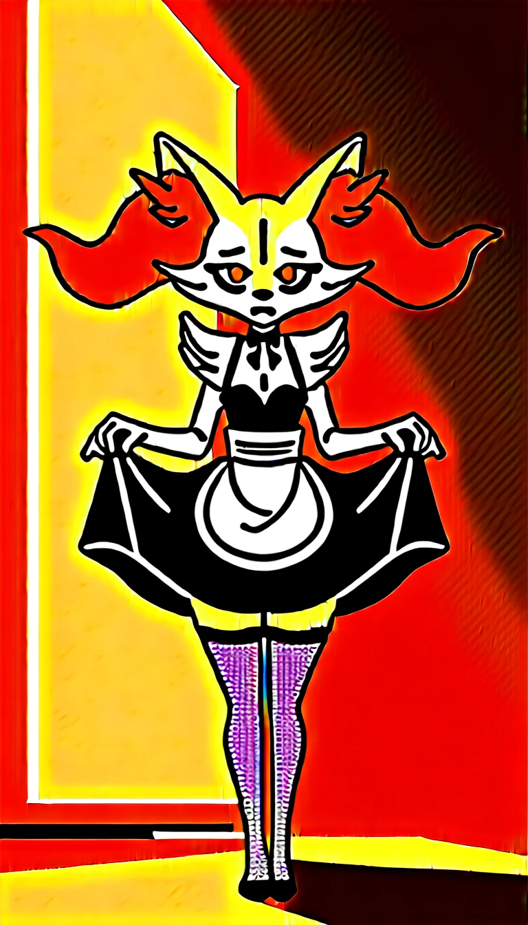1girl, anthro, furry, fur, fluffy fur, braixen girl, Red eyes, full body, (19 years), medium breast, thicc thighs, solo, (mansion), sunset, detailed, maid outfit, fishnet stockings, shy, nervous, sunset, (sad), (depressed), (baggy eyes), standing, half-closed eyes, frontal view, score_9, score_8_up, score_7_up, score_6_up, score_5_up, score_4_up
