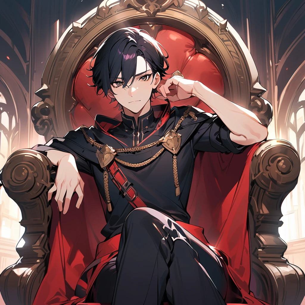 Black Hair, Black eyes, Handsome man, teenager, 18-year-old, , God-like body, Sharp eyes, Cape, Sitting on the throne