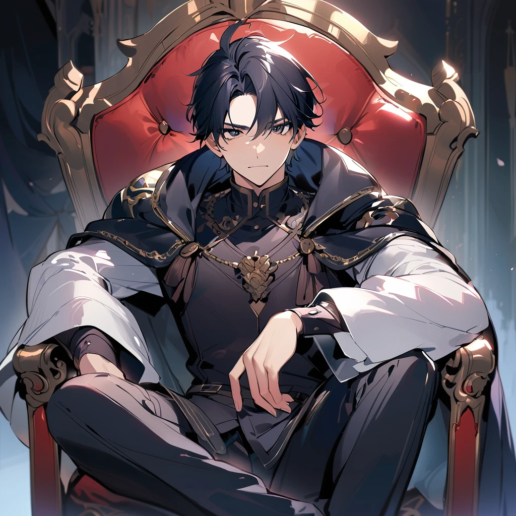 Black Hair, Black eyes, Handsome man, teenager, 18-year-old, , God-like body, Sharp eyes, Cape, Sitting on the throne