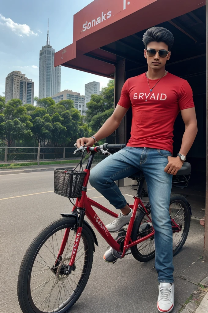 Create 3D realistic image of a 20 year old young boy, name "Raghu" is written on his red t shirt. boy is looking very handsome and stylist, boy is riding splendor bike on a road wearing sunglasses, full view of bike, in the background there is a view of tall buildings and apartments, behind boy's bike there are cars and bike, hyper realistic photo, 3d photo