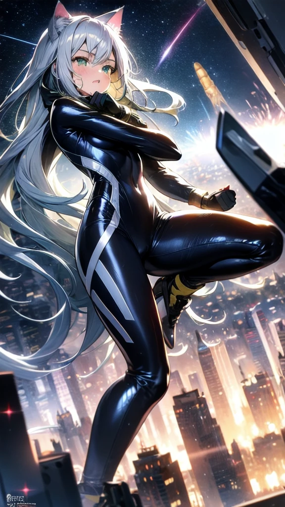 A silver-haired beautiful girl with cat ears eyes are green hair is silver and long clothes: a form-fitting black combat suit The fist is an afterimage The background is a city at night her is in a cat-like fighting pose The year is 14 years monitor, Dark Night, Sweat, Steam of Exhalation, Space, Battle, Dynamic Angle one girl