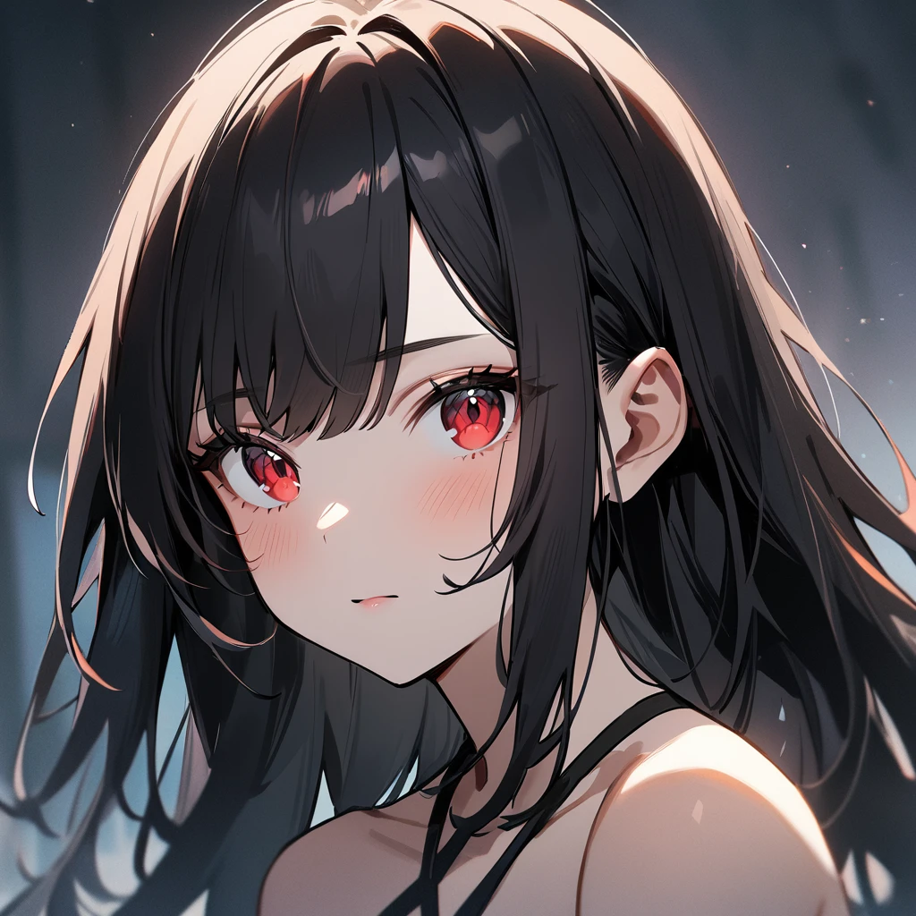 1 girl,Solo,portrait,black hair,red eyes,bare breasts,Criss Cross,masterpiece,best quality,very aesthetic,absurdres 