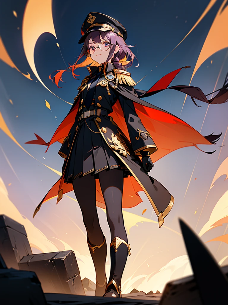 realisitic, City Deserted, Pile of rubble, Brick building, a one woman (18 years old, far away blackw hair, far away slits, Eyes red, glare eyes, 精致的面容, standing (In floor, feet shoulder-width apart), ta style military uniform (blackw base, Red Insert, golden decoration, volantes, wide sleeves, dainty and delicate detailing armors), blackw far away gloves (blackw, Red Insert, golden decoration, small hands, armors), blackw far away gloves, knee high boots (blackw, high-heels, red soles), ha (blackw, aba dourada, shield emblem, delicate details), arms in front, Front of belly, Holding military swords with both hands (blackw, golden decoration, delicate detail, Handle at the top, Ground-facing blade, in front of the body, far away), night sky (blackw, stele, Increased flames and smoke) Pale painting style, One Girl, super high quality, Super Detail, Super Detailed image, long hair, looking at viewer, skirt, shirt, hair ornament, violet eyes, gloves, round glasses, long sleeves, hat, closed mouth, jacket, violet hair, braid, open clothes, necktie, black gloves, black skirt, uniform, single braid, open jacket, black jacket, black headwear, 手链, peaked cap, black necktie, cropped jacket, military hat, pantyhose, Flat Chest, smile, Black Cape