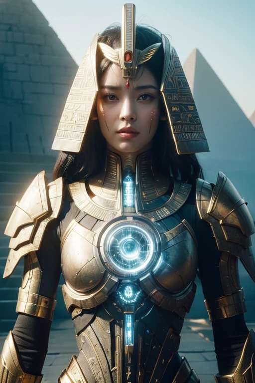 ((Highest quality、8K、masterpiece:1.3))、Photorealistic, Sharp focus, high resolution, High resolution, Portraiture, One person, woman, beautiful woman, sexy、古代エジプトを歩くエジプトのwoman戦士、Complex technology, Pyramids and ancient Egyptian cities far away、cyber-、Light and shadow、Cyan Light、