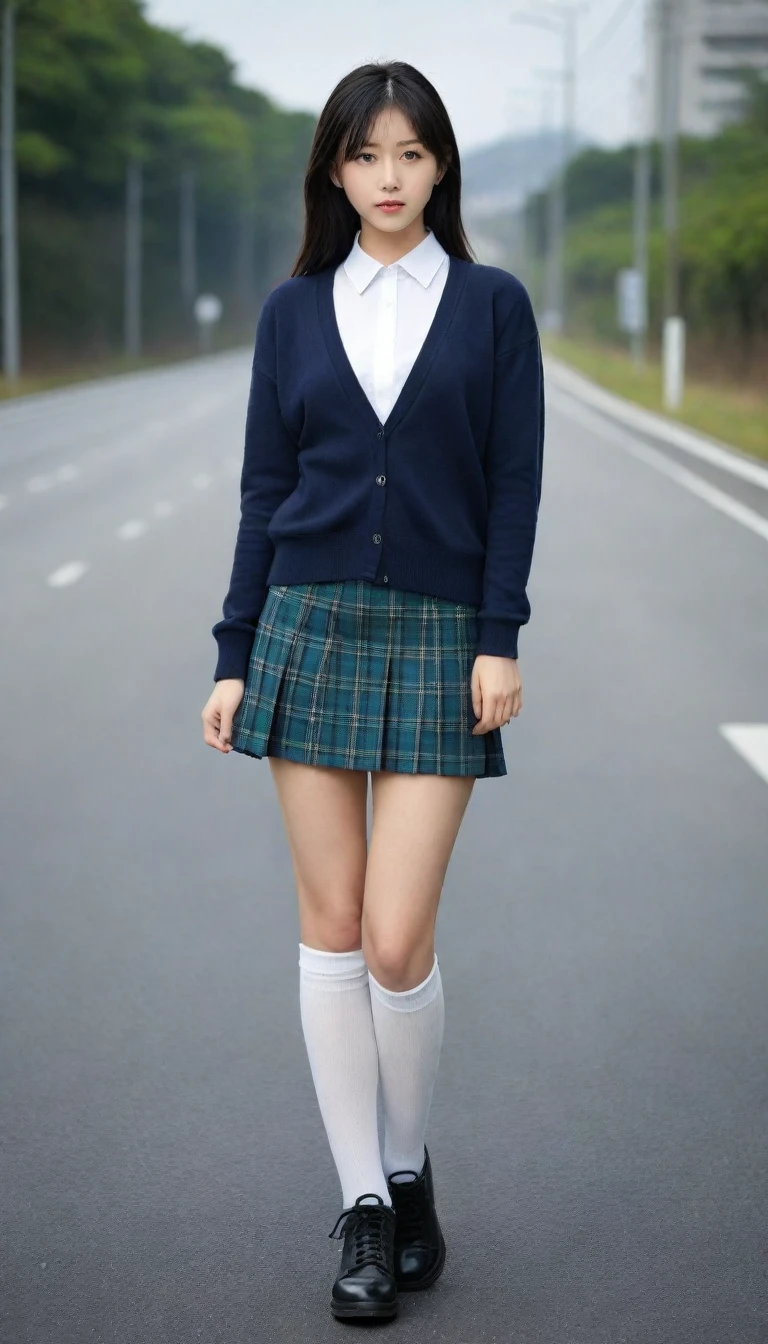 8K, Ultra-high resolution, Highest quality, masterpiece, 三分割法によるphotograph,Surreal, photograph, 1 Girl, (16 years old:1.3), pretty girl, Cute face, Beautiful eyes in every detail, 細かくdetailedに,masterpiece,One Girl:1.2, Japan Female Announcer,whole body,from below,Fearful expression,Black Hair,Messy hair,Cyber city of the near future,Wearing a cardigan sweater on your back、A girl alone in the middle of the road, Tartan check pencil skirt, White knee-high socks and black shoes,Beautiful leg line beauty,Realistic Skin, Perfect and beautiful face ,完璧でCute face, Skin with attention to detail, Perfect limbs、Narrow waist、Thin legs),Looking at the audience、beauty,Long neck、(((Ideal body type))),A cup small breasts :2,Portraiture:2,Perfect Anatomy,鮮明なdetailed,detailed,Surreal,Light and shadow,darkness