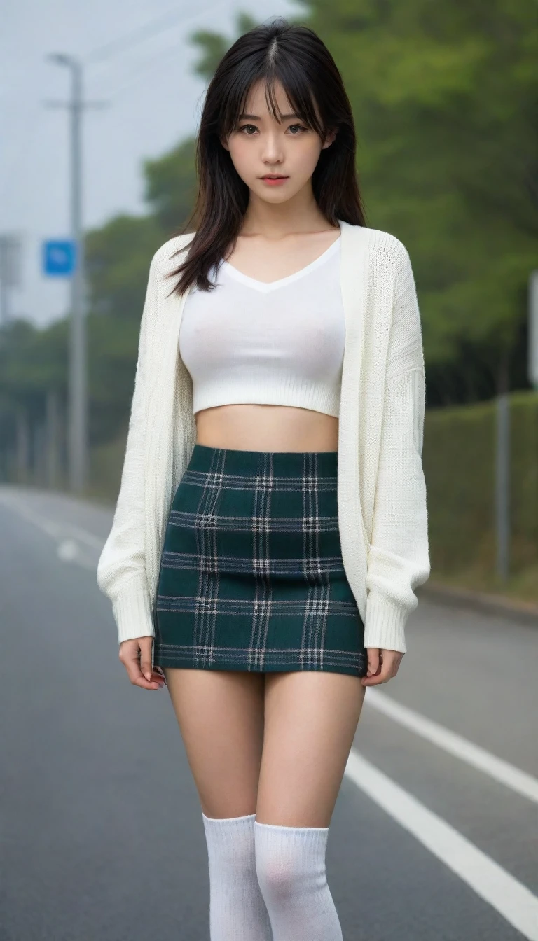 8K, Ultra-high resolution, Highest quality, masterpiece, 三分割法によるphotograph,Surreal, photograph, 1 Girl, (16 years old:1.3), pretty girl, Cute face, Beautiful eyes in every detail, 細かくdetailedに,masterpiece,One Girl:1.2, Japan Female Announcer,whole body,from below,Fearful expression,Black Hair,Messy hair,Cyber city of the near future,Wearing a cardigan sweater on your back、A girl alone in the middle of the road, Tartan check pencil skirt, White knee-high socks and black shoes,Beautiful leg line beauty,Realistic Skin, Perfect and beautiful face ,完璧でCute face, Skin with attention to detail, Perfect limbs、Narrow waist、Thin legs),Looking at the audience、beauty,Long neck、(((Ideal body type))),A cup small breasts :2,Portraiture:2,Perfect Anatomy,鮮明なdetailed,detailed,Surreal,Light and shadow,darkness