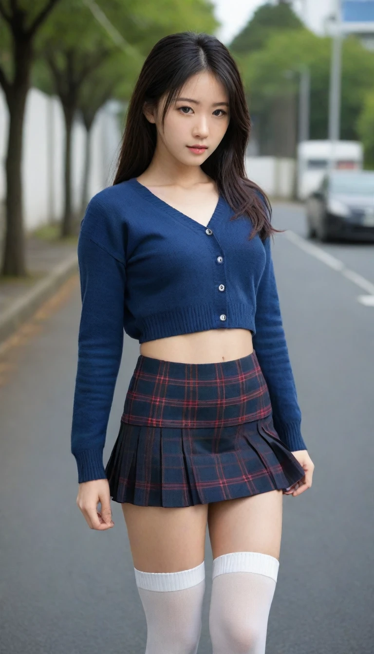 8K, Ultra-high resolution, Highest quality, masterpiece, 三分割法によるphotograph,Surreal, photograph, 1 Girl, (16 years old:1.3), pretty girl, Cute face, Beautiful eyes in every detail, 細かくdetailedに,masterpiece,One Girl:1.2, Japan Female Announcer,whole body,from below,Fearful expression,Black Hair,Messy hair,Cyber city of the near future,Wearing a cardigan sweater on your back、A girl alone in the middle of the road, Tartan check pencil skirt, White knee-high socks and black shoes,Beautiful leg line beauty,Realistic Skin, Perfect and beautiful face ,完璧でCute face, Skin with attention to detail, Perfect limbs、Narrow waist、Thin legs),Looking at the audience、beauty,Long neck、(((Ideal body type))),A cup small breasts :2,Portraiture:2,Perfect Anatomy,鮮明なdetailed,detailed,Surreal,Light and shadow,darkness