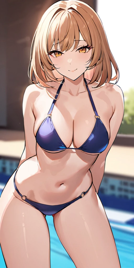 ((Hands beside the body)),((Highest quality、masterpiece:1.3))、Long legs、Sharp focus:1.2, Beautiful woman with perfect figure:1.4、(Smiling:1.2), double eyelid、30-year-old female、Sexy pose、((((One Woman、bikini)))),(((((one women,pool side:1.5)))))、((standing, cowboy shot:1.5))、