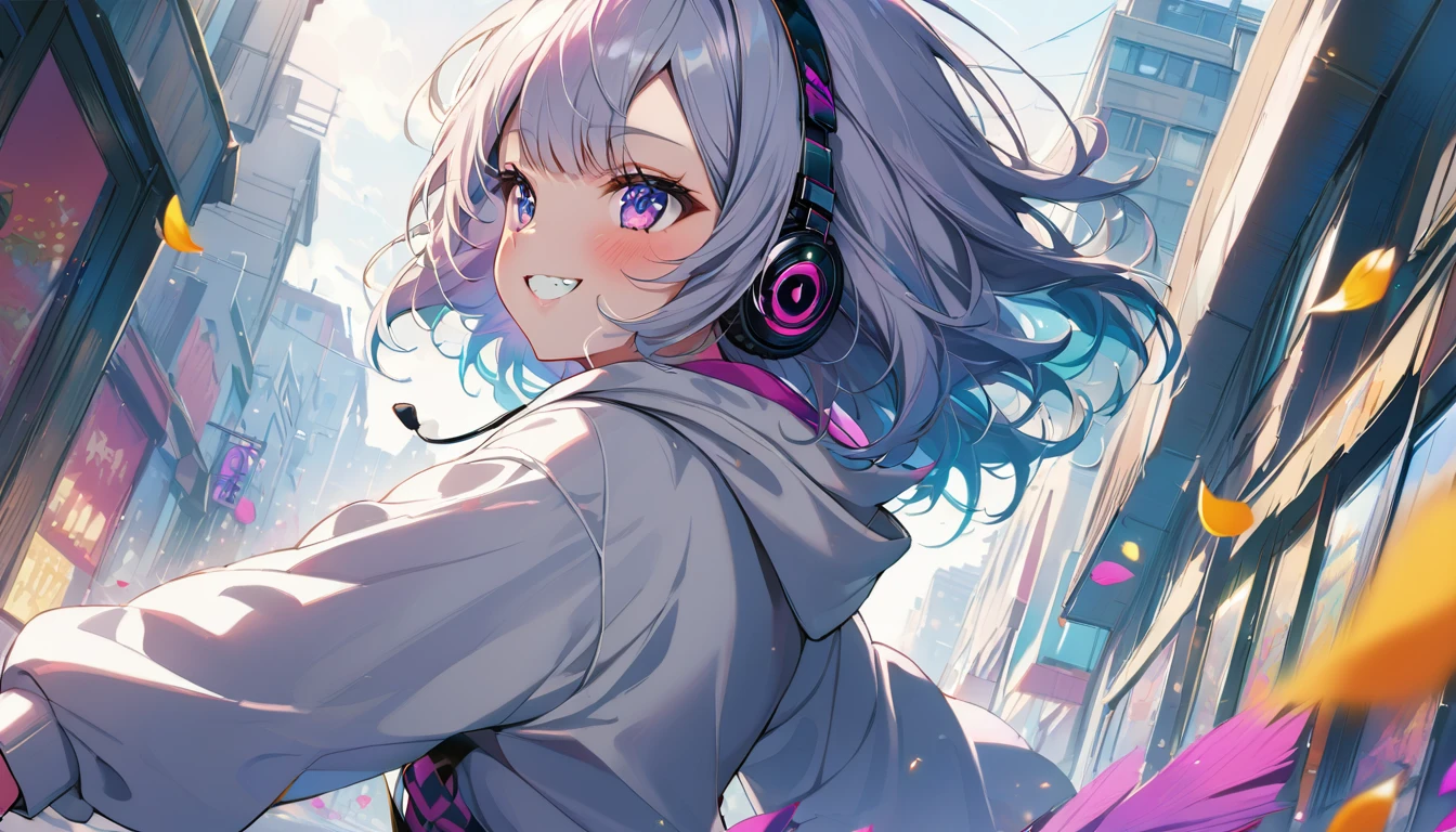 ((Masterpiece)), ((best quality)), (Anime:1.3), (super detail:1.2), (High Definition:1.3), (Professional Photography:1.3),cute young Girl, Glossy unruly hair, (loose swept bangs), (silver ash hair), medium hair, big eyes, (Eye bags:1.3), (Long eyelashes), colorful eyes, (evil smile and blush), Glossy lips, (jagged teeth), ((white hoodie with oversized)), barearms, cute, (Pocket in hands), (colorful:1.3), gothic makeup, (running around the City), colorful petals dance around her, early morning, wearing headphones, (dutch angle:1.3), (from side),
