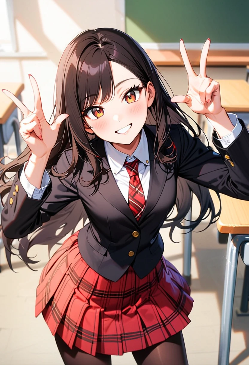 A young woman, 17-years-old, solo, Korean, mature face, (loose wavy black hair, no bangs:1.1), brown eyes, black blazer, white blouse, red plaid necktie, red pleated skirt, black pantyhose, playful smile, cheerful, classroom, holding up a v-sign