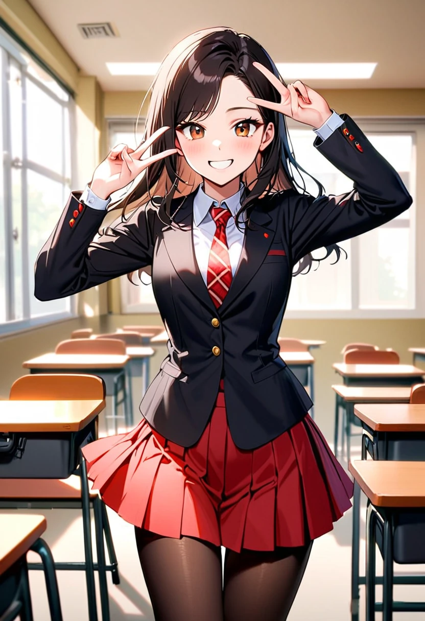 A young woman, 17-years-old, solo, Korean, mature face, (loose wavy black hair, no bangs:1.1), brown eyes, black blazer, white blouse, red plaid necktie, red pleated skirt, black pantyhose, playful smile, cheerful, classroom, holding up a v-sign