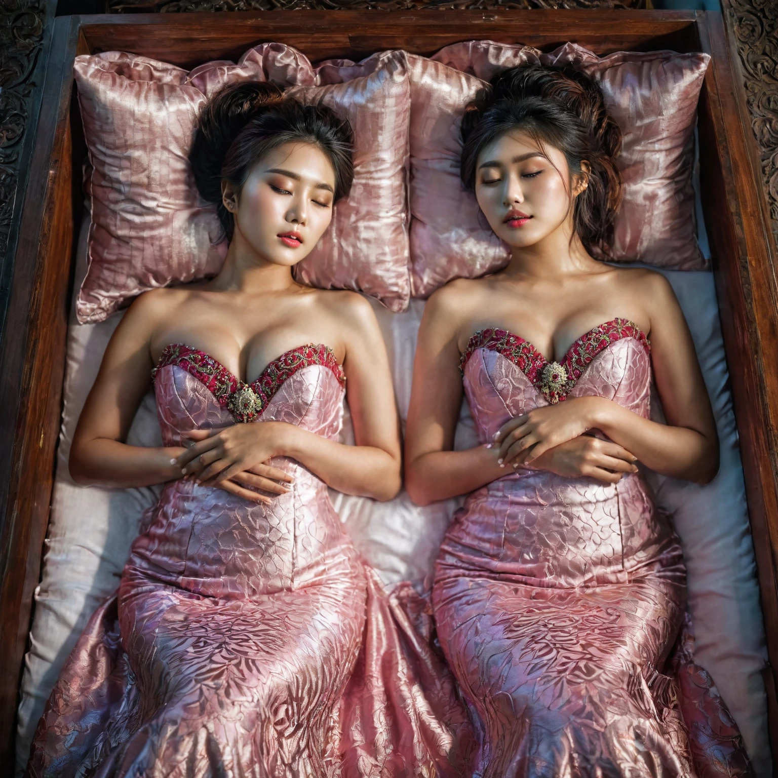 In a striking 8K HDR scene, a stunning Korean woman, 22 years old, lies peacefully in a black coffin surrounded by plush pillows. The deep box is set against a rich black background, accentuating the beauty of the subject. Her exquisite kebaya attire is embroidered with superb detail, showcasing her round and firm breasts, perfect cleavage, and beautiful eyebrows. Her closed eyes and mouth give an air of serenity, while her visible and absolute cleavage leave nothing to imagination. The scene is bathed in saturated colors, highlighting every intricate aspect from the ball skirt to her clean face, straight body, detailed hand perfect hands, straight body, own hands together, own hand on stomach, detailed hands, perfect hands, add detail.