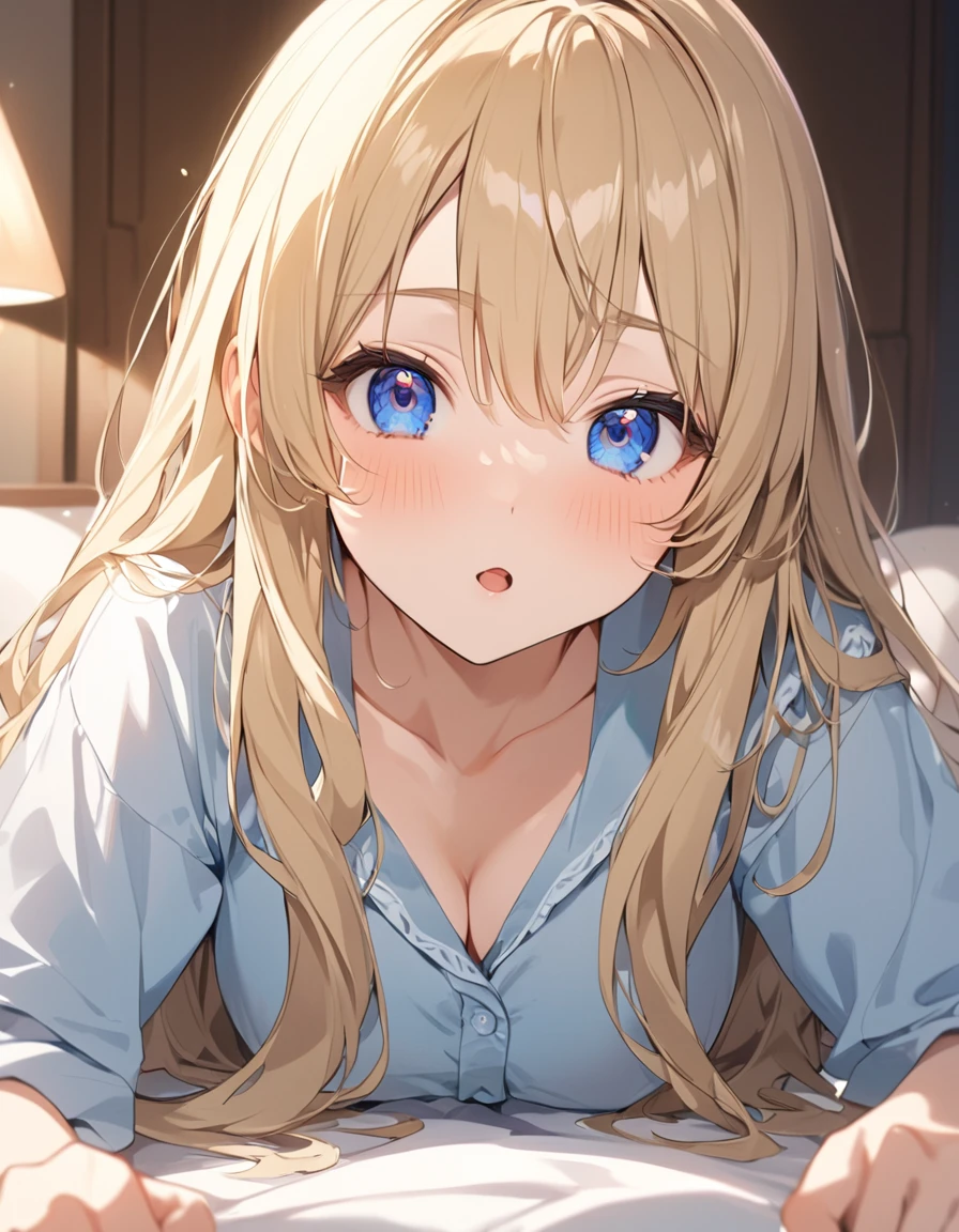 (Highest qualityのイラスト:1.2), (cute女の子:1.1), (1 girl、17 years old、Highest qualityのイラスト:1.2), (slightly bigger eyes、Kind eyes、blue eyes)、Blonde、Semi-long hair、Mature、(Highest quality、Very detailed、cute、Ultra-high resolution) 、Morning bedroom、Change of clothes、Take off your pajamas、bra、