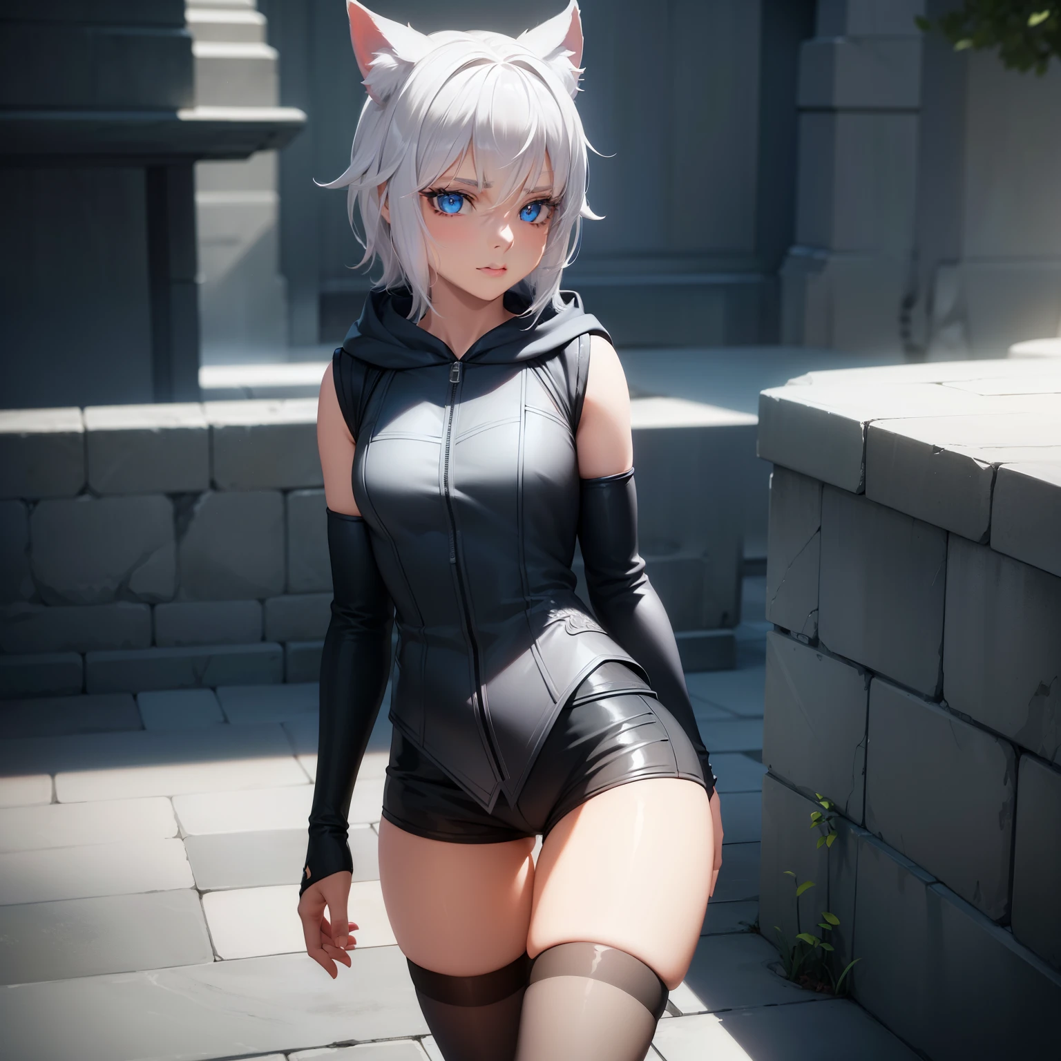 1 girl, character with cat ears, silver hair, short hair, beautiful detailed eyes, beautiful detailed lips, extremely detailed eyes and face, long eyelashes, wearing black hooded outfit, thigh-high stockings, garters, short shorts, (best quality,4k,8k,highres,masterpiece:1.2),ultra-detailed,(realistic,photorealistic,photo-realistic:1.37),concept art, fantasy, cinematic lighting, dramatic shadows You decided to wear a hoodie and covered your body, hiding yourself Rey 