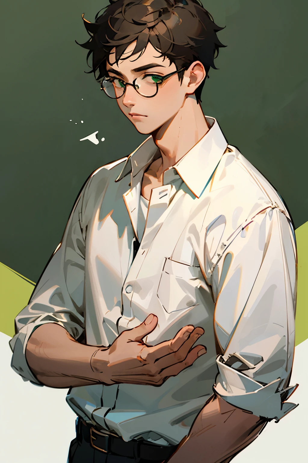 boy, student, green background, white shirt, wearing glasses