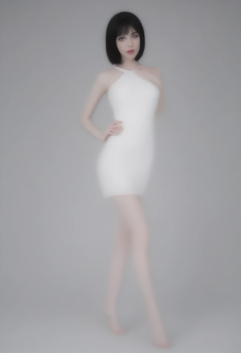 Create a model with blue eyes, black hair, White skin, full length in formal dress