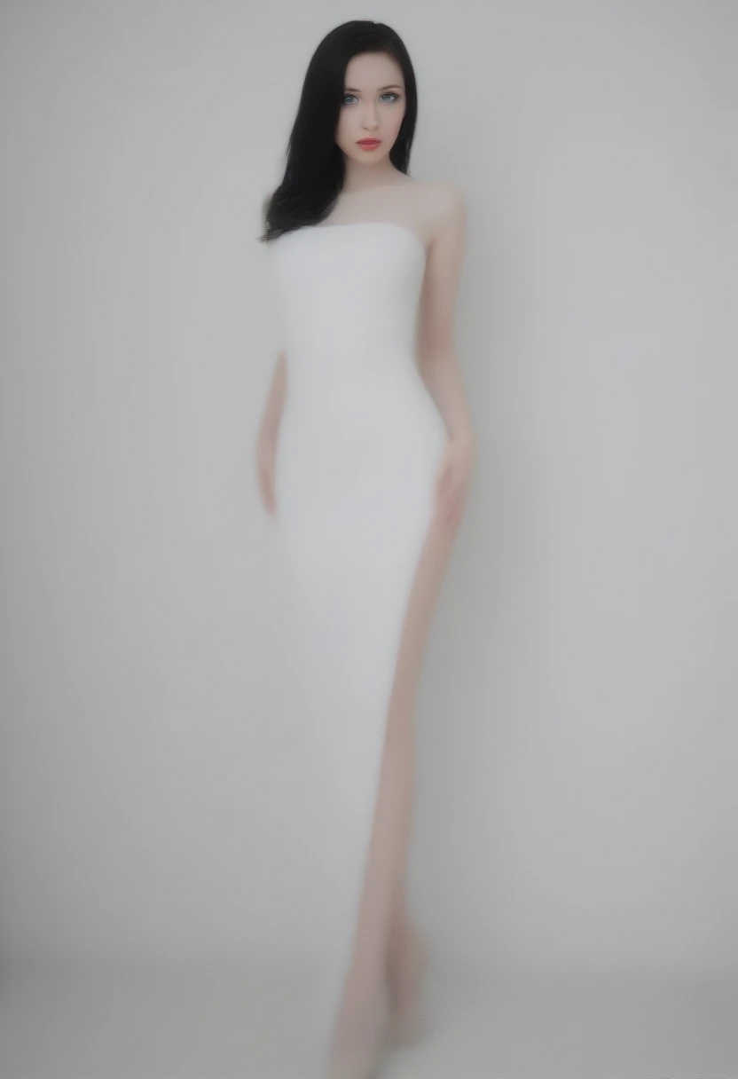 Create a model with blue eyes, black hair, White skin, full length in formal dress 