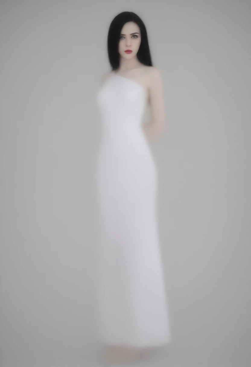 Create a model with blue eyes, black hair, White skin, full length in formal dress
