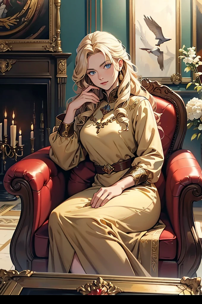 30 year old woman, with defined facial features, long curly hair, pale gold color,blue eyes, wearing a dark red medieval nobility dress,sitting on a brown leather sofa, holding a bird with one hand,oil painting, framed picture, Wooden frame, above a fireplace, vases with white flowers