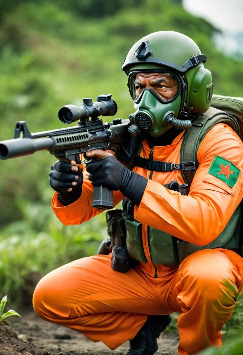 (a dark-skinned bearded chubby old man in orange zipper pilot suit), wearing rescue gear, wearing green army pilot helmet and gas mask, crouching, shooting with sniper rifle, imposing physique, muscular, toned muscles, Basuki Abdullah, sumatraism, action, a character portrait, heroic, fierce, shouting, angry expresion, intense
