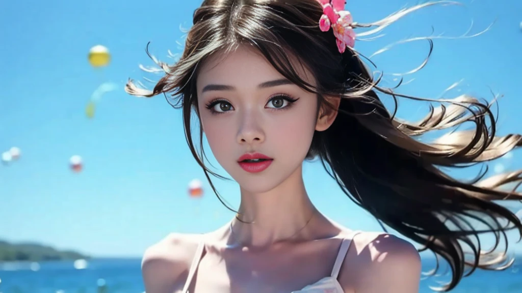 (masterpiece), (Highest quality), (Very detailed), (Disheveled Hair), (shape), (One Girl), (Fashionable clothes), Are standing, Fashion Model, Beholder, (interview), (Simple Background), Beautiful and beautiful eyes, Delicate and beautiful face, floating, (High chroma), (Colorful Splash), Colorful bubbles, (Shine), Focus on the face, ponytail, Light blue hair, bangs, Hair Ring, floating Flowers, floating Hairs, (The Shining), Best lighting, Best Shadow, Big, firm, swaying breasts